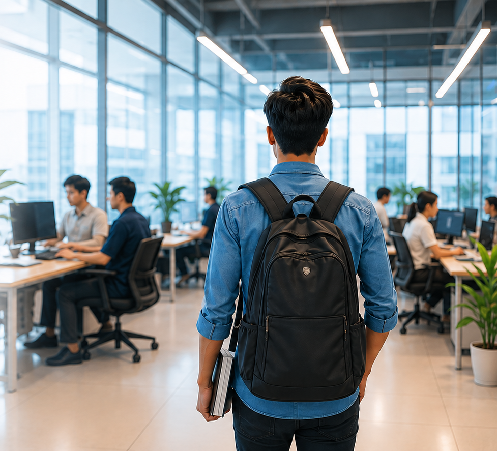 Student entering a modern office to learn real workplace skills before the first job